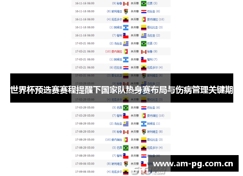 世界杯预选赛赛程提醒下国家队热身赛布局与伤病管理关键期