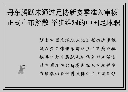 丹东腾跃未通过足协新赛季准入审核正式宣布解散 举步维艰的中国足球职业化困境再现